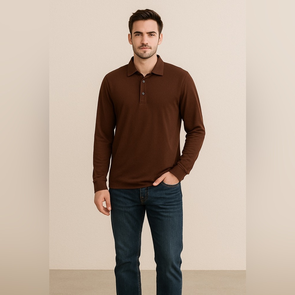Perry Ellis Men’s Long Sleeve Polo Shirt Brown Textured Knit Size Large